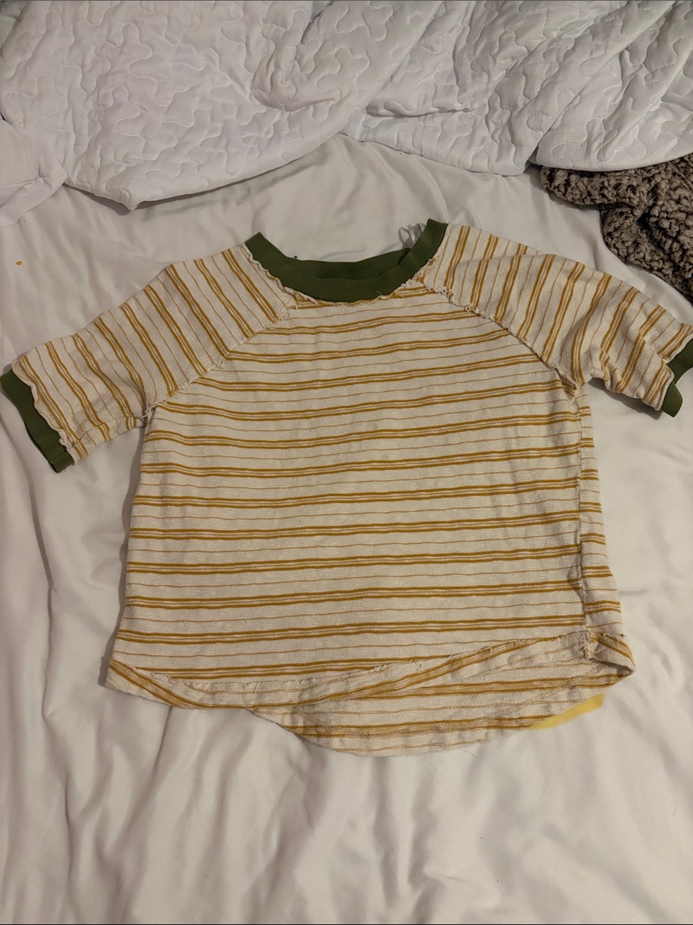 Urban Outfitters Cream and Mustard Striped Short Sleeve Tee with Olive Trim